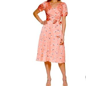 DKNY Peach Floral Midi Dress Satin Tie Waist Puff Sleeve Flirty Spring Wedding